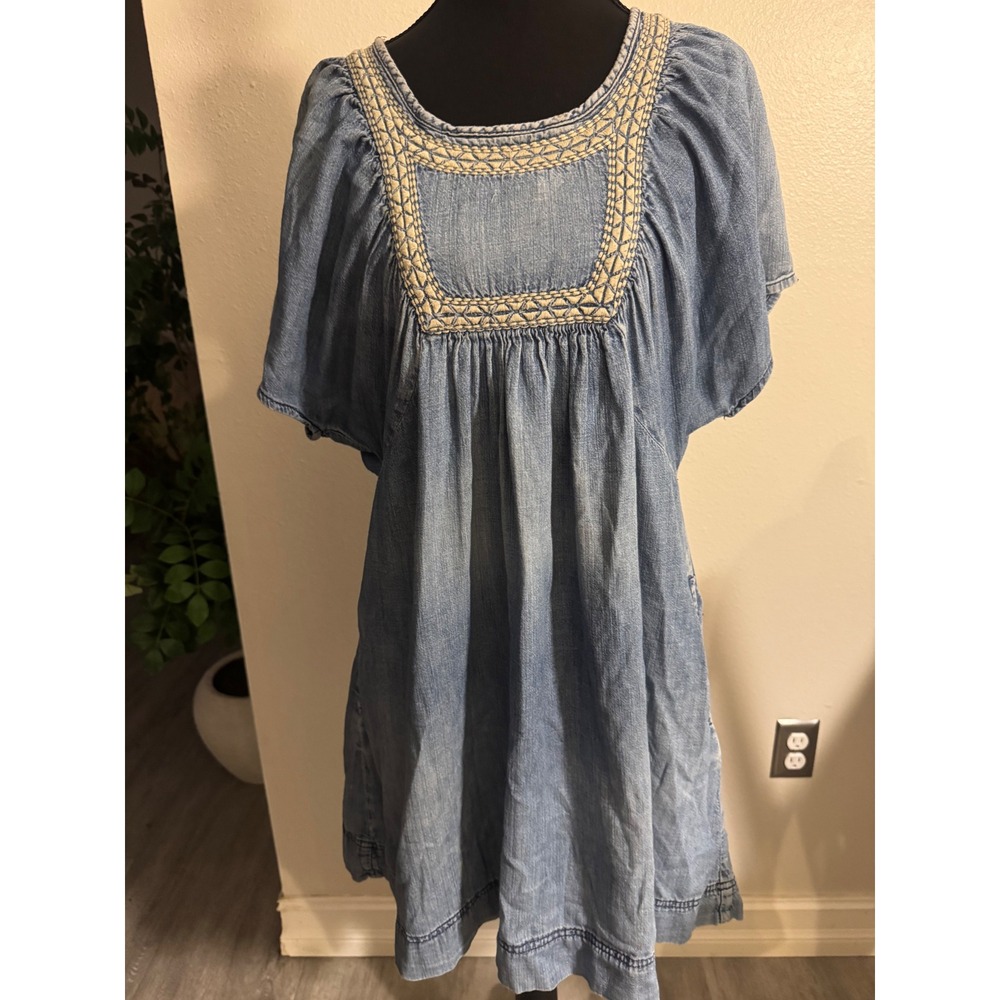 Cantão Denim Embroidered Square Neck Mini Dress Light Wash Blue Boho Size 6
